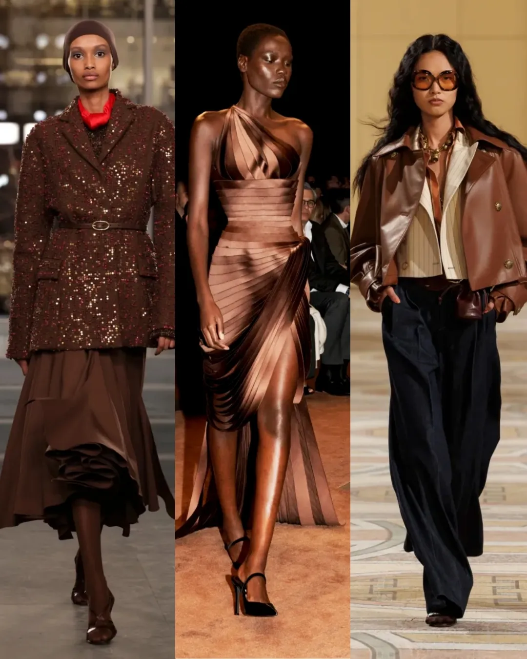 3 modelki – Kolor brązowy – Tory Burch — Schiaparelli — Zimmermann