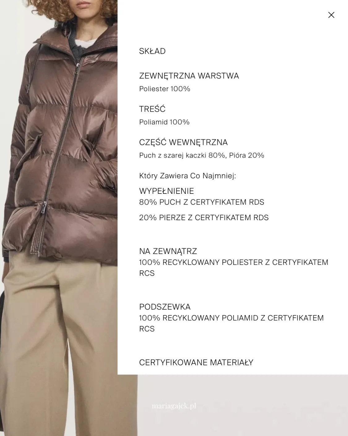 Na stronie produktu Massimo Dutti znajdziesz zakładkę SKŁAD / OSTRZEŻENIA, w której dokładnie opisana jest każda część ubrania.