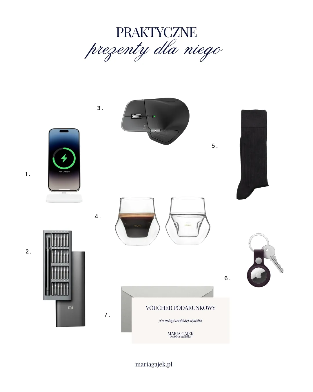 1. Ładowarka Apple 2. Narzędzia Xiaomi 3. Myszka Logitech 4. Szklanki Kruve 5. Skarpetki Poszetka 6. Airtag Apple 7. Voucher na usługi osobistej stylistki